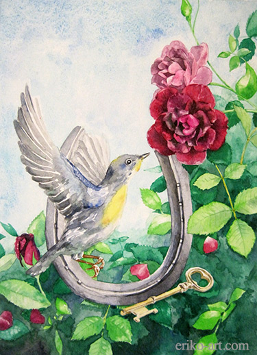 bird and roses